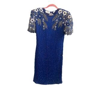 Women’s Vintage 80’s Laurence Kazar Silk Sequin Beaded Blue Cocktail Dress Sz PL